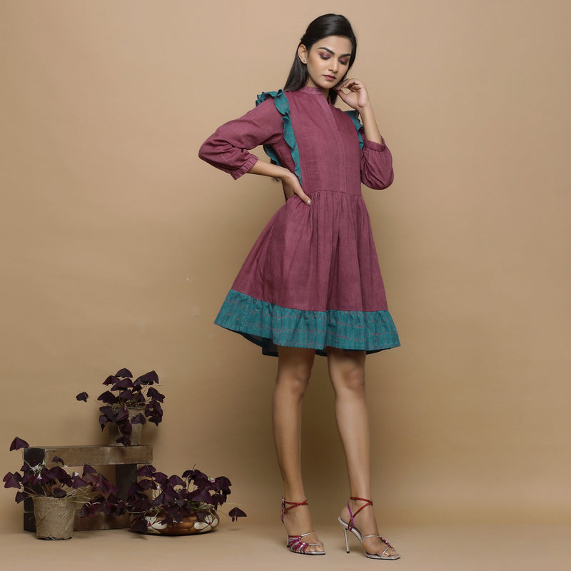 Wine Handwoven Ikat Cotton Frilled Gathered Short Dress