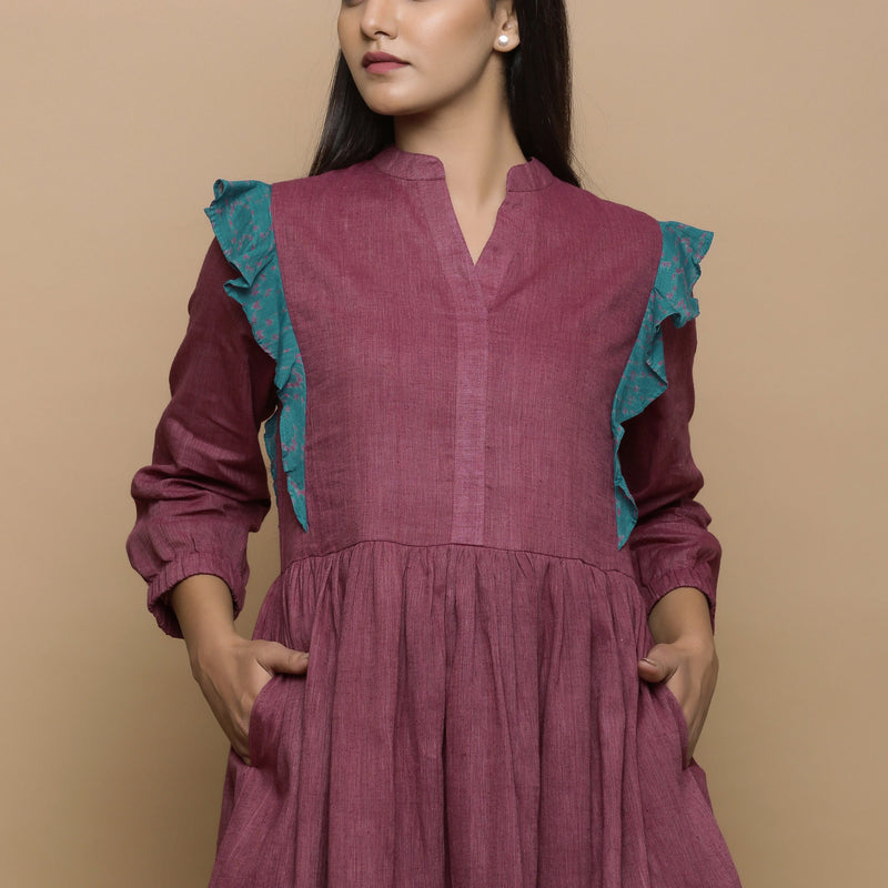 Wine Handwoven Ikat Cotton Frilled Gathered Short Dress