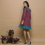 Wine Handwoven Ikat Cotton Frilled Gathered Short Dress