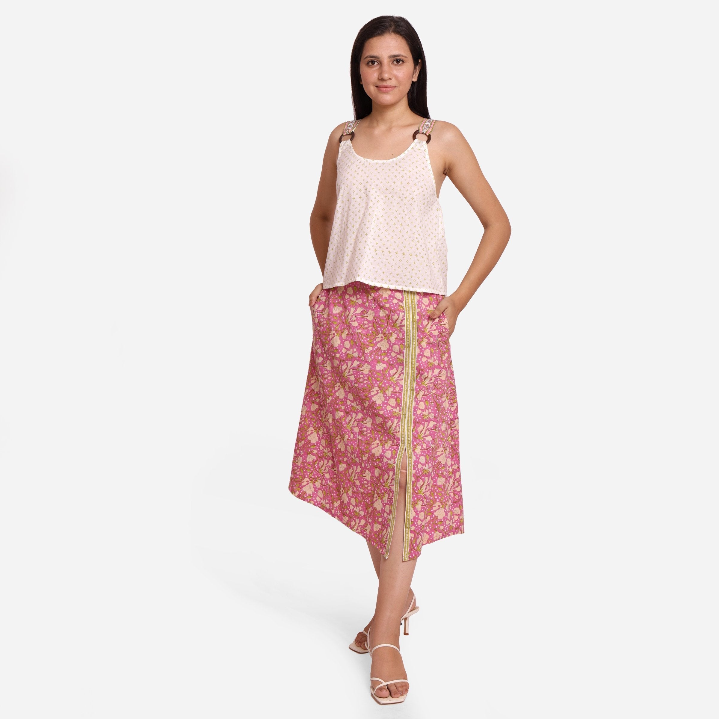 Front View of a Model wearing Wine Sanganeri Block Printed Slit Skirt