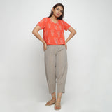 Front View of a Model wearing Yarn Dyed Cotton Beige Paneled Pant