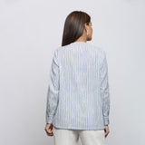 Back View of a Model wearing Yarn Dyed Cotton Striped Tie Neck Top