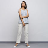 Front View of a Model wearing Yarn Dyed Flared Top and Tapered Pant Set