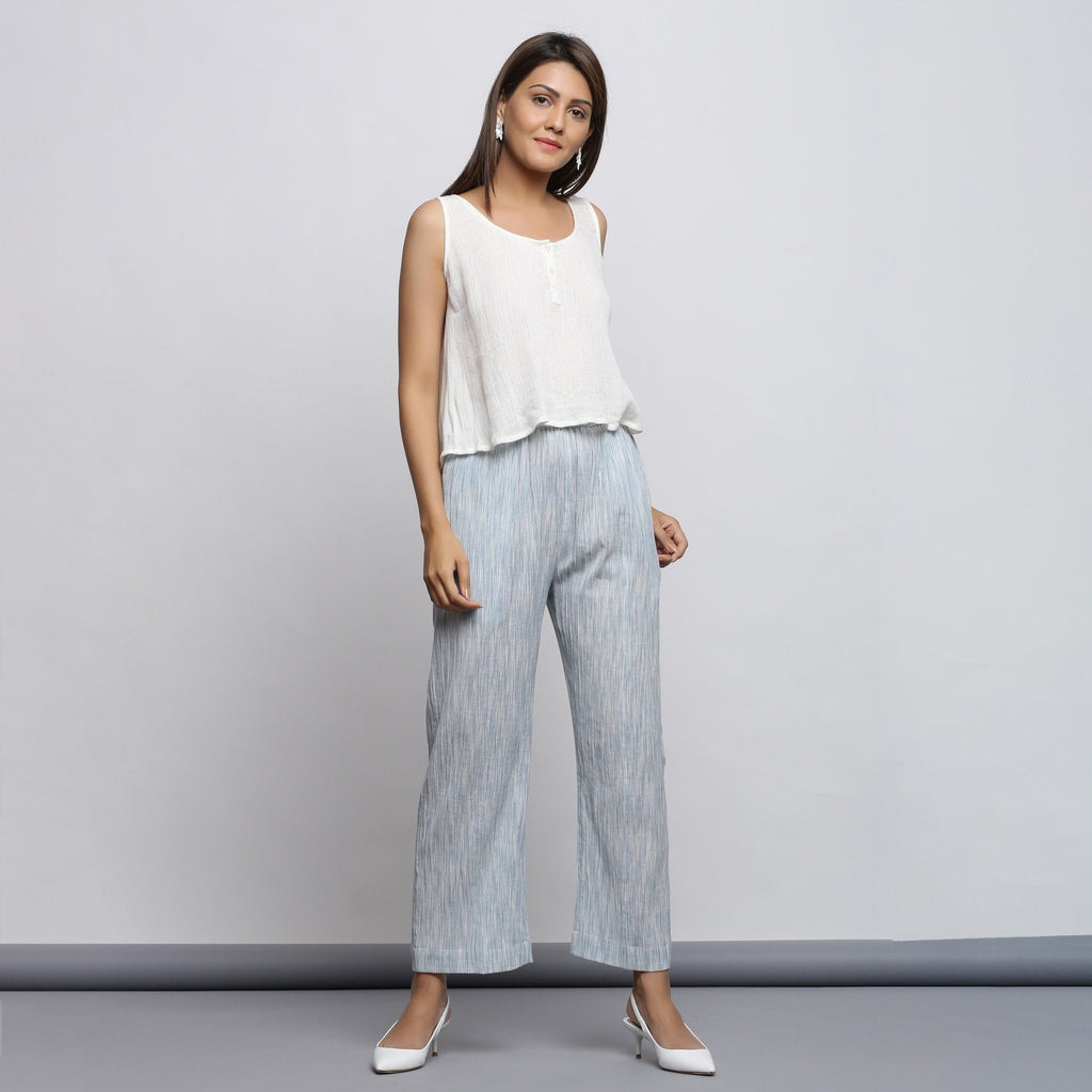 Front View of a Model wearing Yarn Dyed Wide Legged Straight Pant