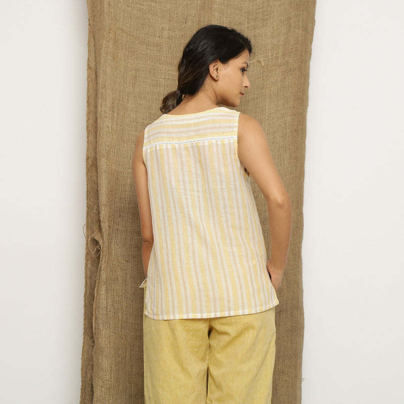 Yellow Striped Handspun 100% Cotton Scoop Neck High-Low Top