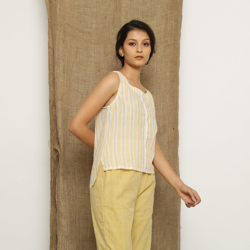 Yellow Striped Handspun 100% Cotton Scoop Neck High-Low Top