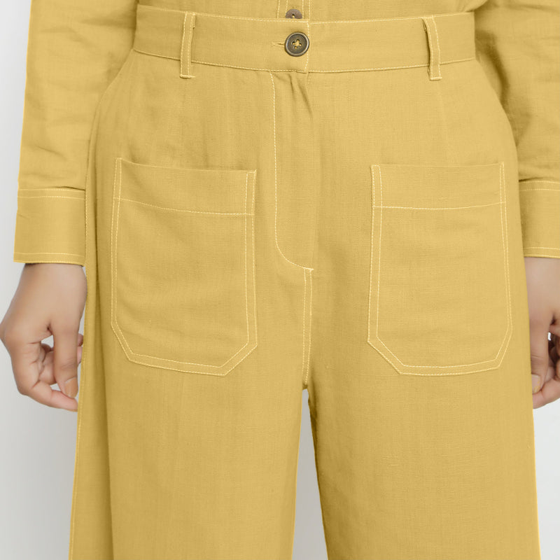 Front Detail of a Model wearing Light Yellow Patch Pocket Straight Fit Pant