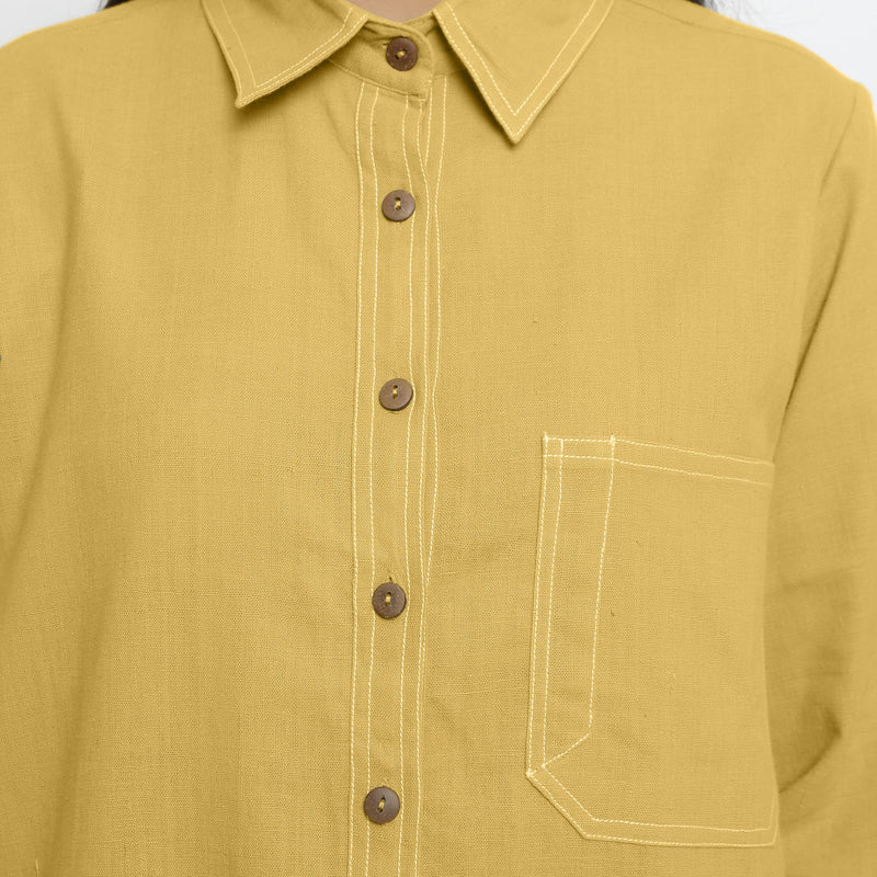 Front Detail of a Model wearing Vegetable Dyed Yellow Button-Down Cotton Top