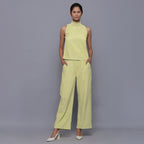 Front View of a Model wearing Yellow Cotton Corduroy Top and Pant Set
