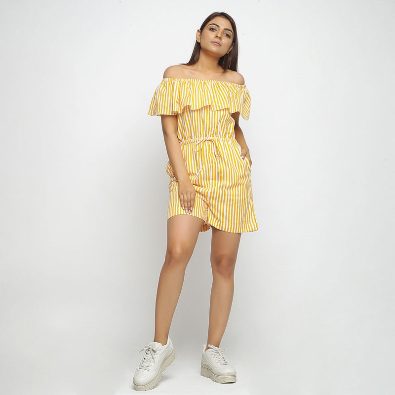 Front View of a Model wearing Yellow Hand-Screen Print Playsuit