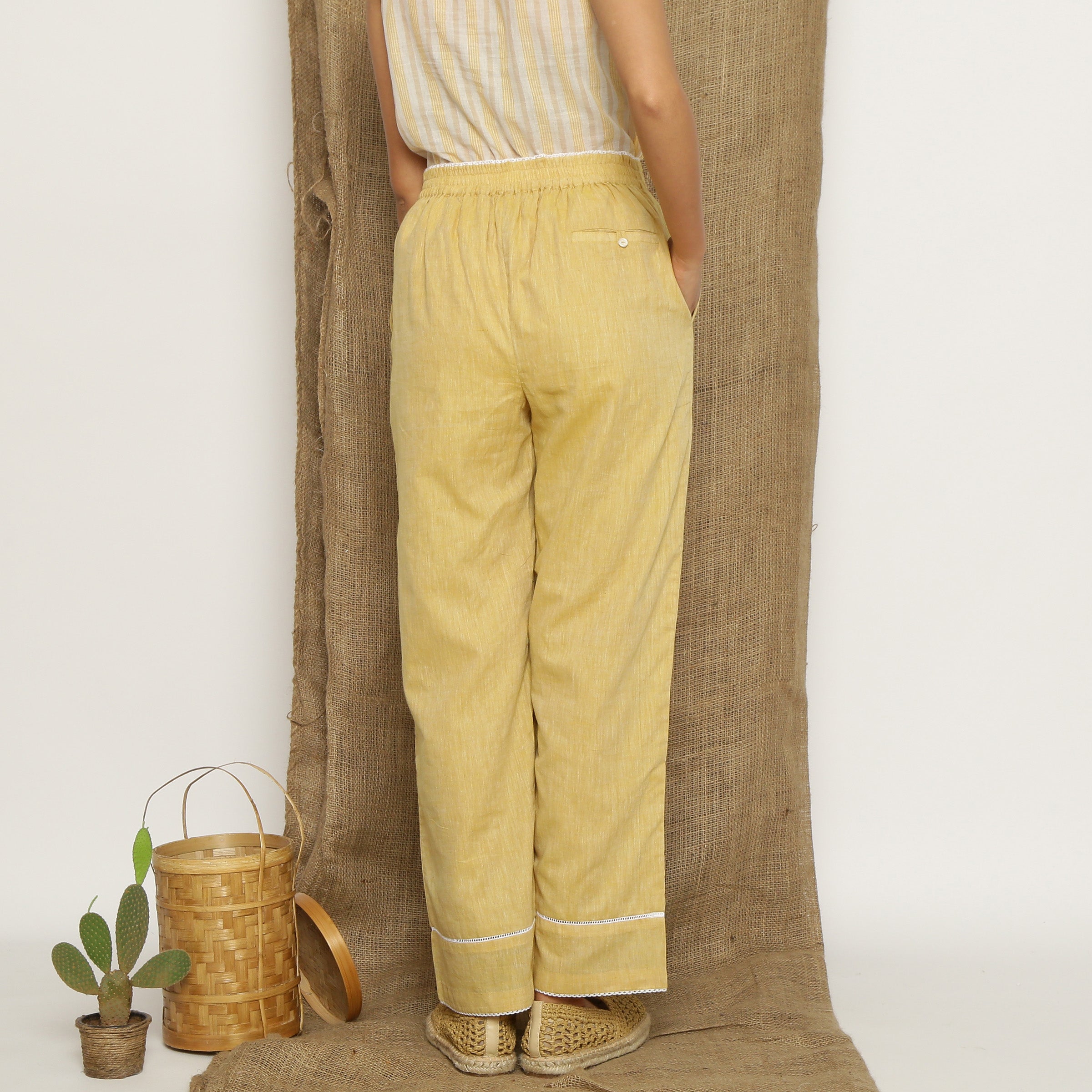 Yellow Handspun Cotton Lace Elasticated High-Rise Pant