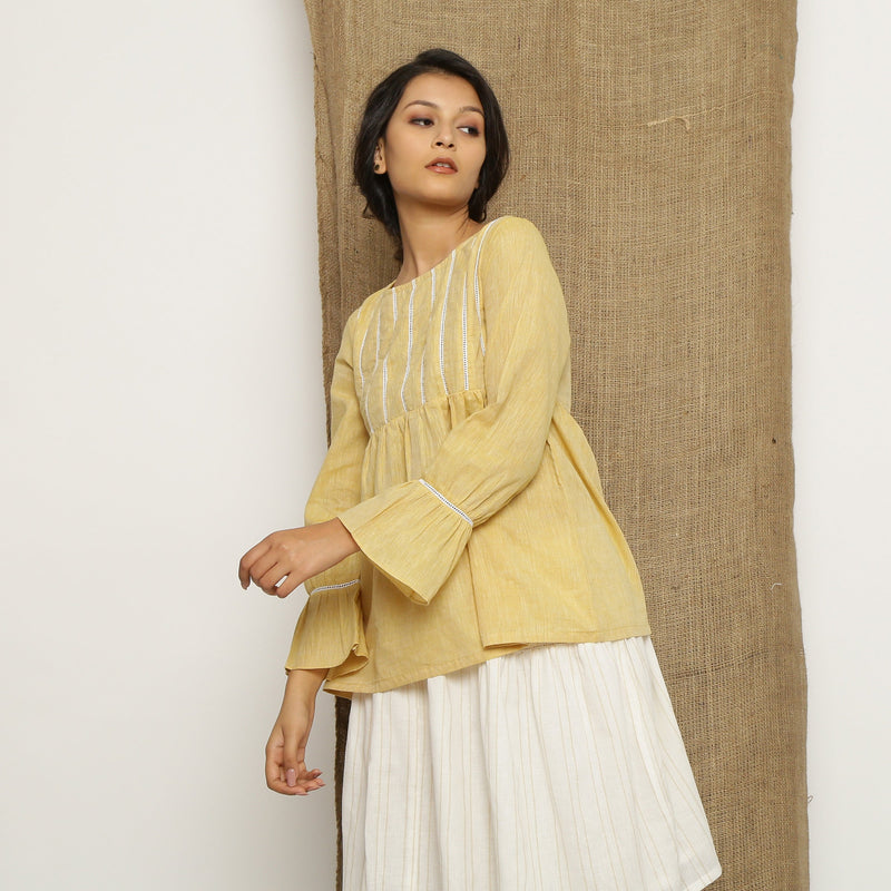 Yellow Handspun Cotton Poet Sleeves Yoke Top