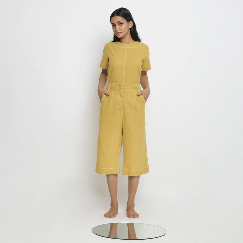 Front View of a Model wearing Yellow Mid Rise Vegetable Dyed Culottes