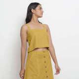 Front View of a Model wearing Vegetable-Dyed Yellow 100% Cotton Spaghetti Top
