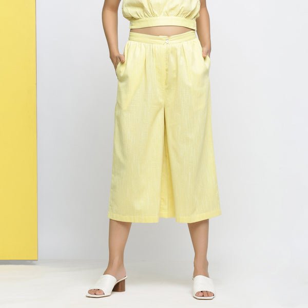 Front View of a Model wearing Yellow Yarn Dyed Cotton Flared Culottes