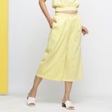 Right View of a Model wearing Yellow Yarn Dyed Cotton Flared Culottes
