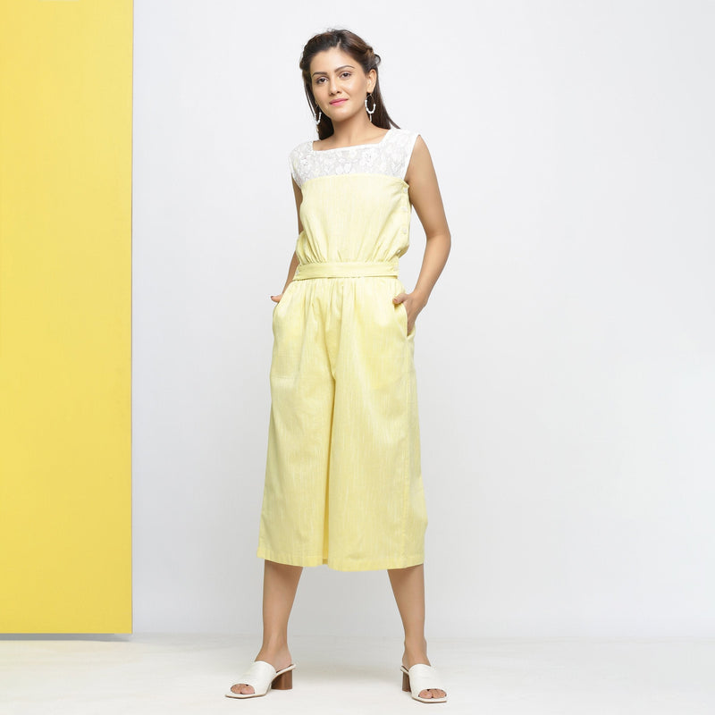 Front View of a Model wearing Yellow Yarn Dyed Cotton Flared Culottes